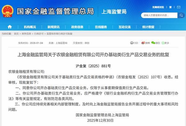 农银金融租赁获准开办基础类衍生产品交易业务